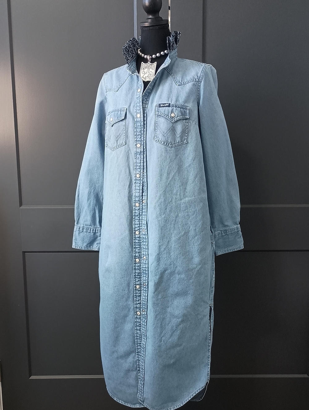 Upcycled Women's Wrangler Denim Ruffle Collar Dress #160